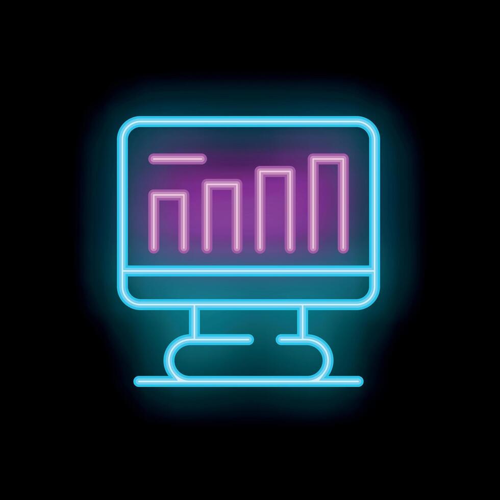 Neon style icon of computer screen showing growing bar chart on black background vector