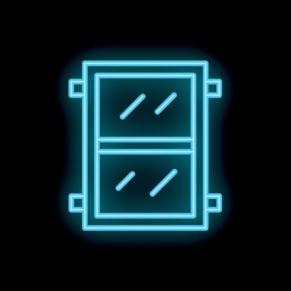 Blue neon icon of a window with glass on a black background vector
