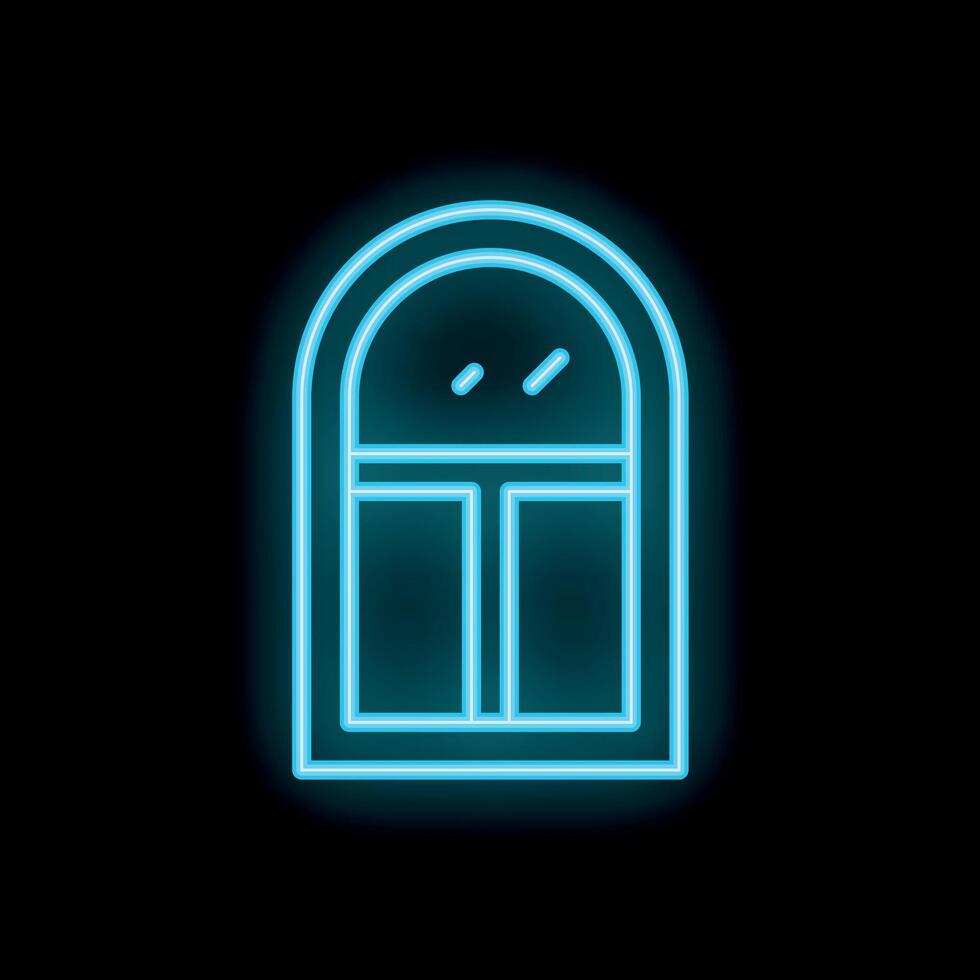 Neon blue arched window glowing on black background vector