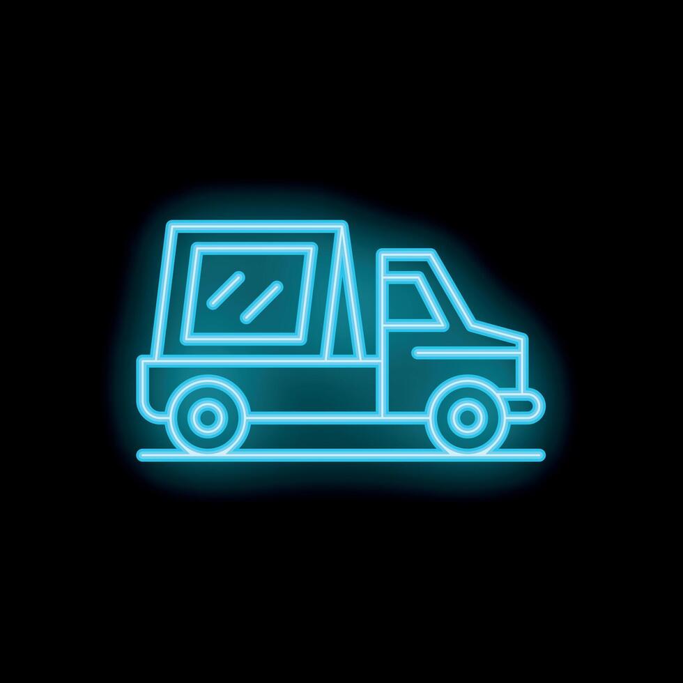 Neon style icon of food truck glowing on dark background vector