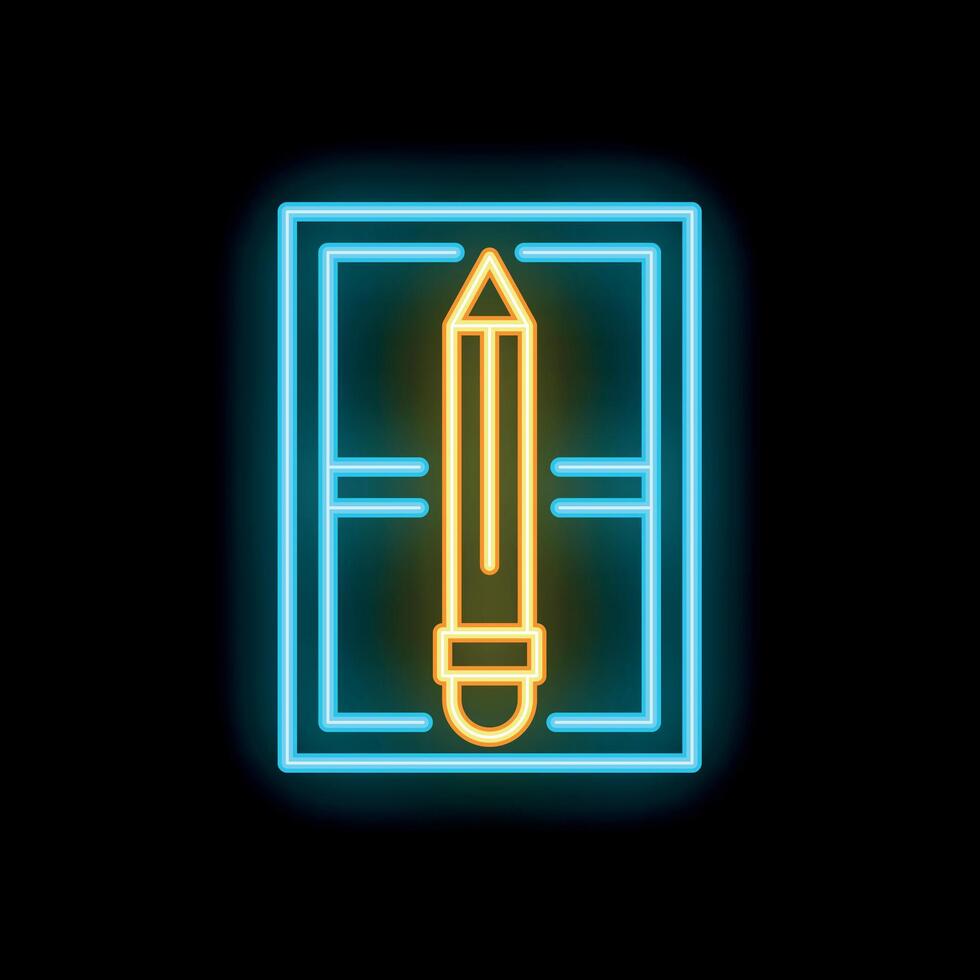 Neon pencil writing on paper icon glowing on black background vector