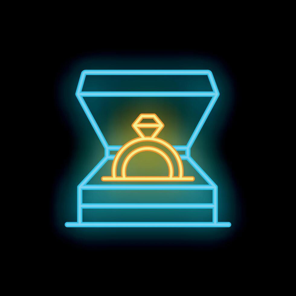 Neon icon of engagement ring in open box glowing on black background vector