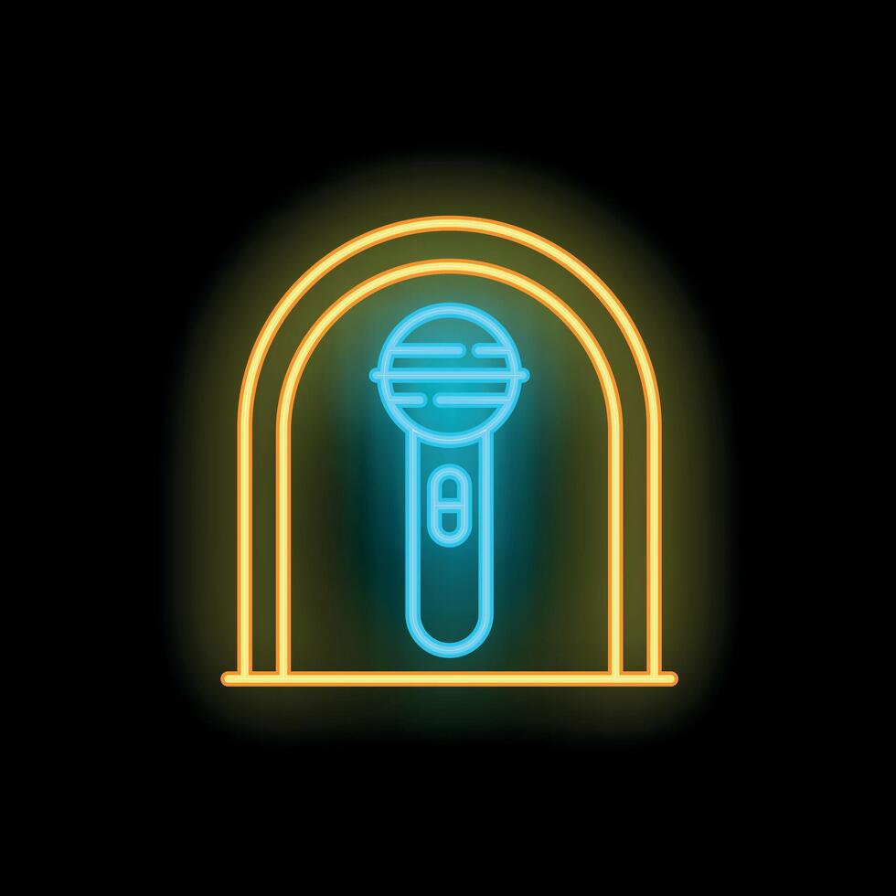 Blue neon microphone glowing inside a yellow arch on a black background vector