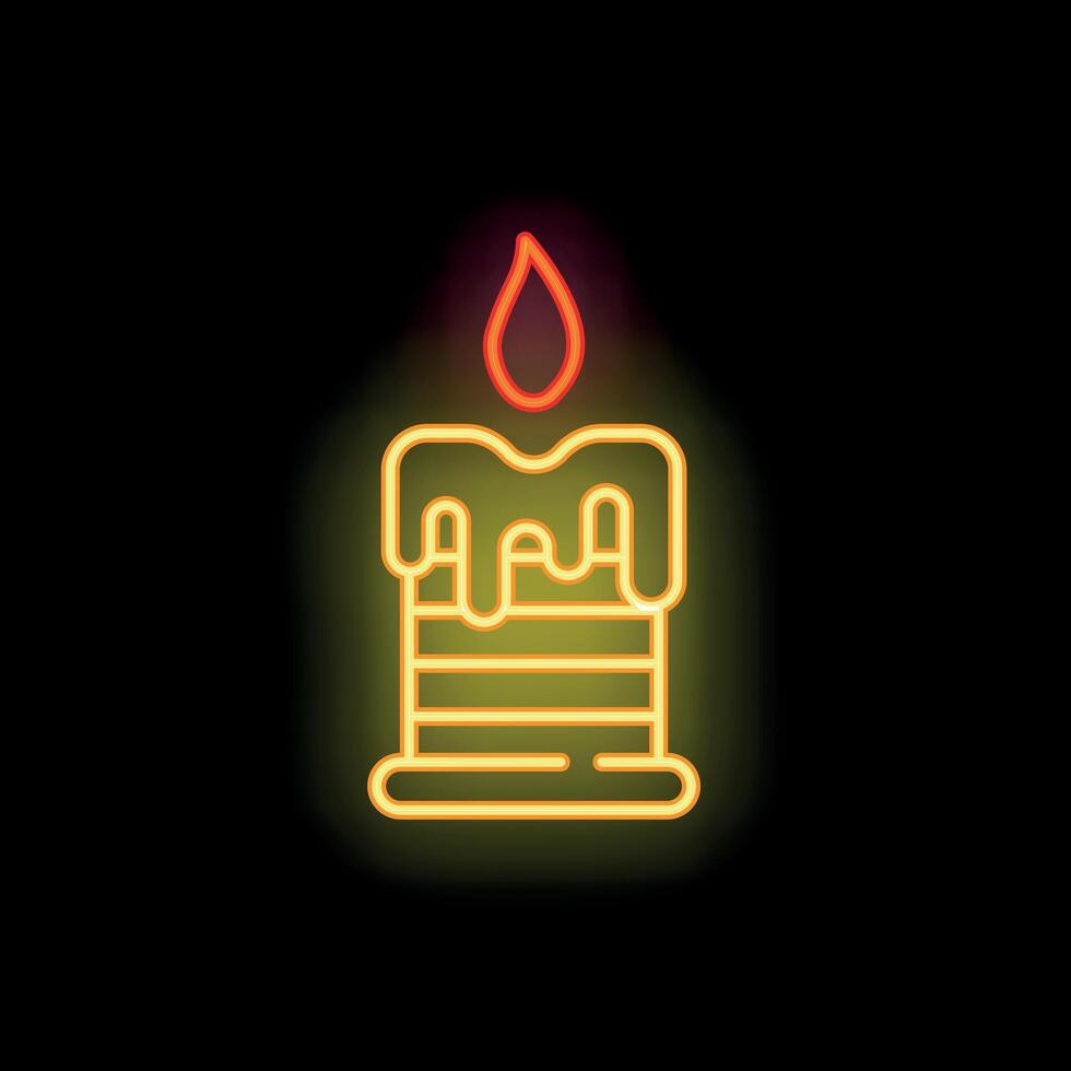 Burning candle with melting wax neon sign on black background vector