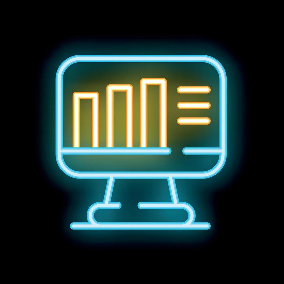 Neon icon of desktop computer showing growing bar chart on screen vector