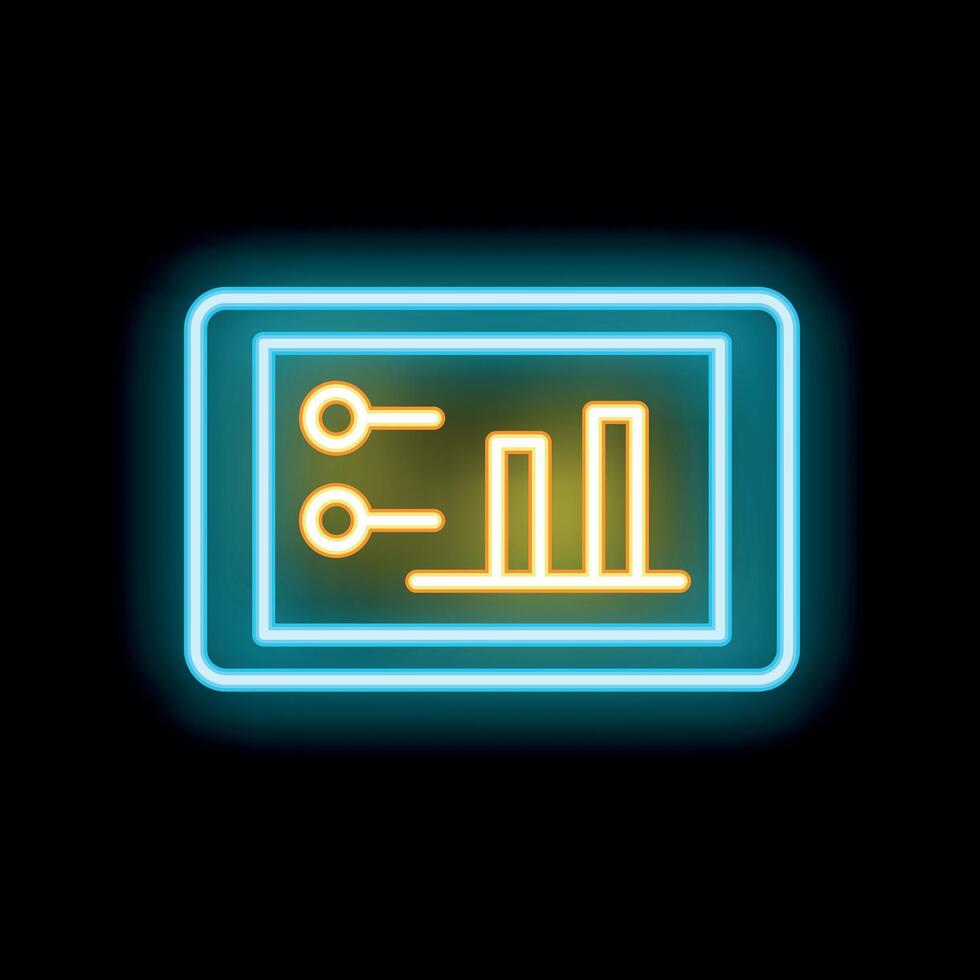 Neon icon showing tablet displaying growing bar chart with settings sliders vector