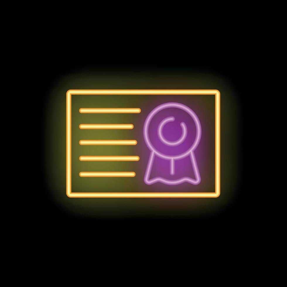 Neon sign representing a certificate with a seal on a black background vector