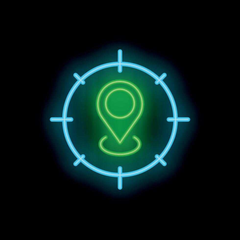 Neon target aiming at location icon on black background vector