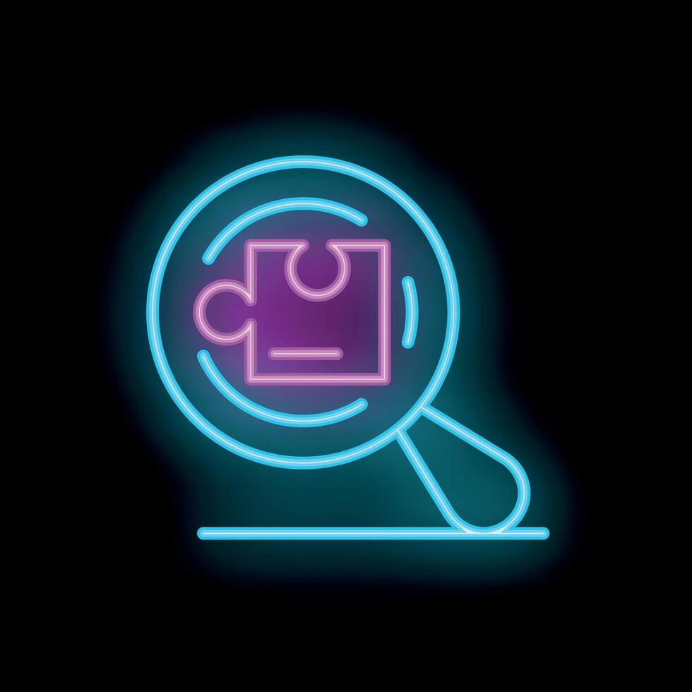 Neon icon of magnifying glass exploring puzzle piece vector