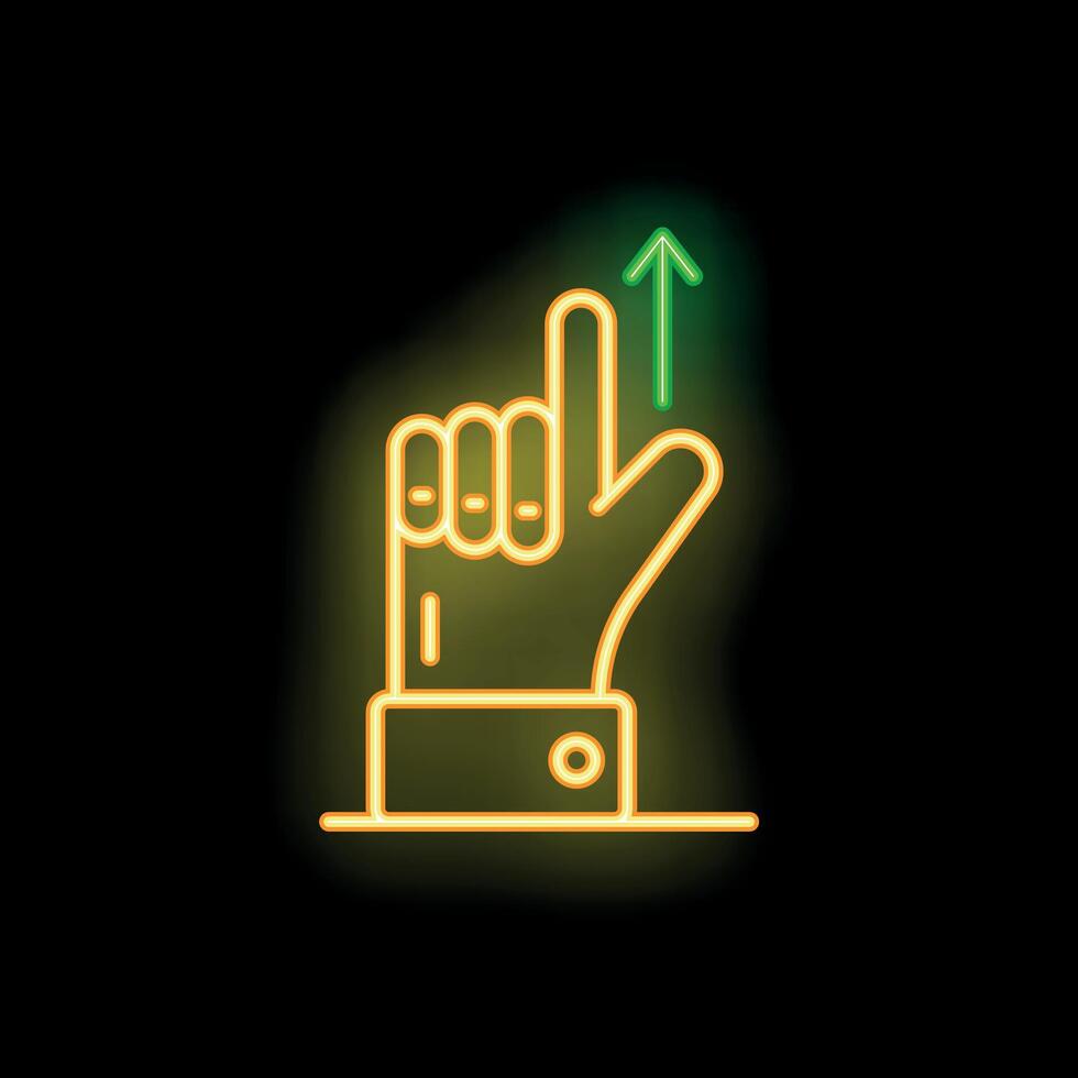 Neon sign hand gesturing upwards with index finger on black background vector