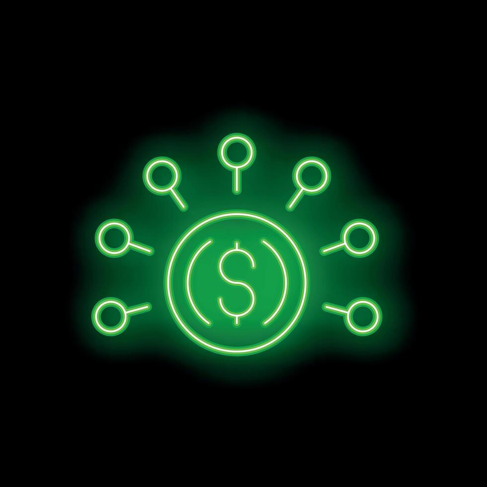 Neon green dollar coin connecting with digital network lines glowing on black background vector