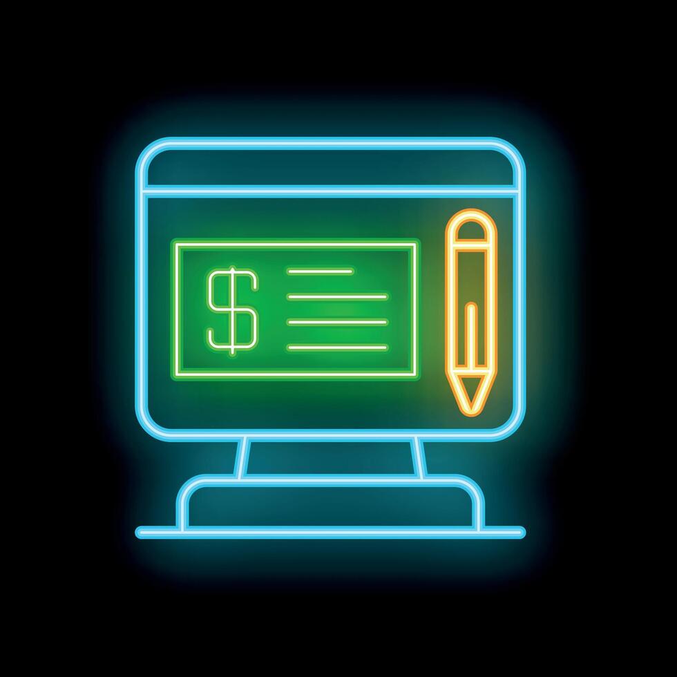 Neon icon of online banking with check and pen on computer screen vector