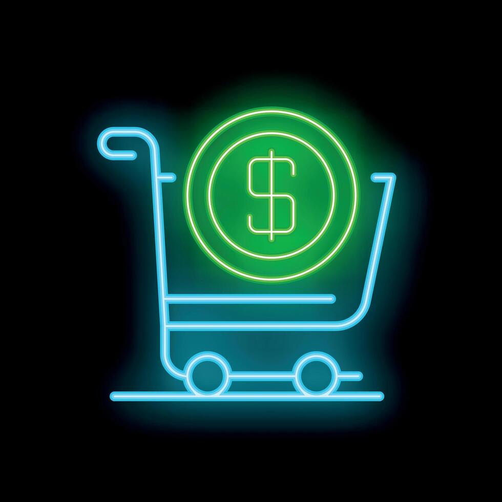 Neon shopping cart carrying a large dollar coin on black background vector