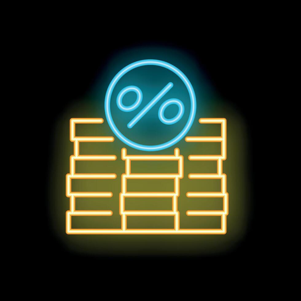 Neon sign representing increasing interest rate with stacks of coins and percentage symbol vector