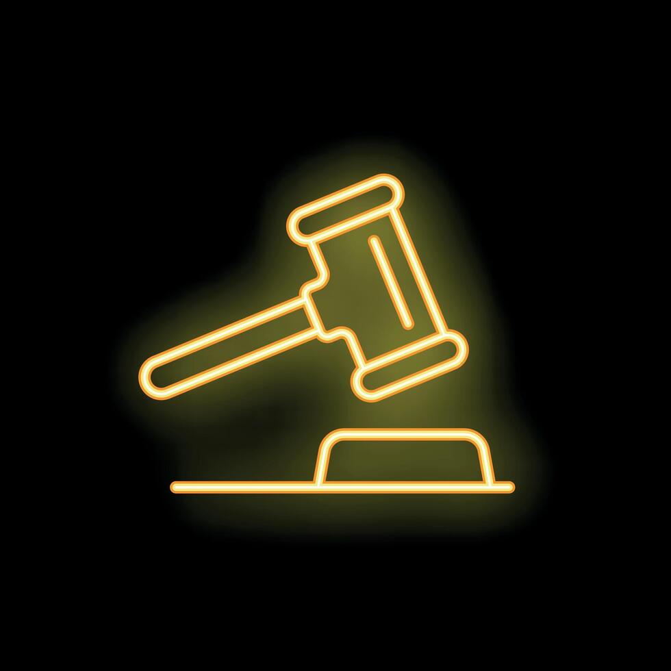 Neon gavel striking sound block icon illustrating legal proceedings vector