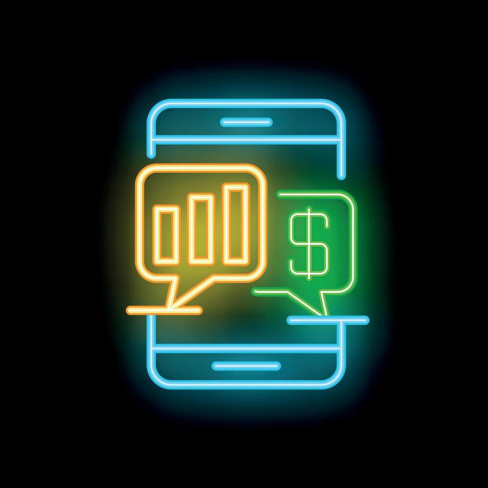 Neon sign showing mobile phone displaying growing statistics and dollar sign in speech bubbles for online business success vector