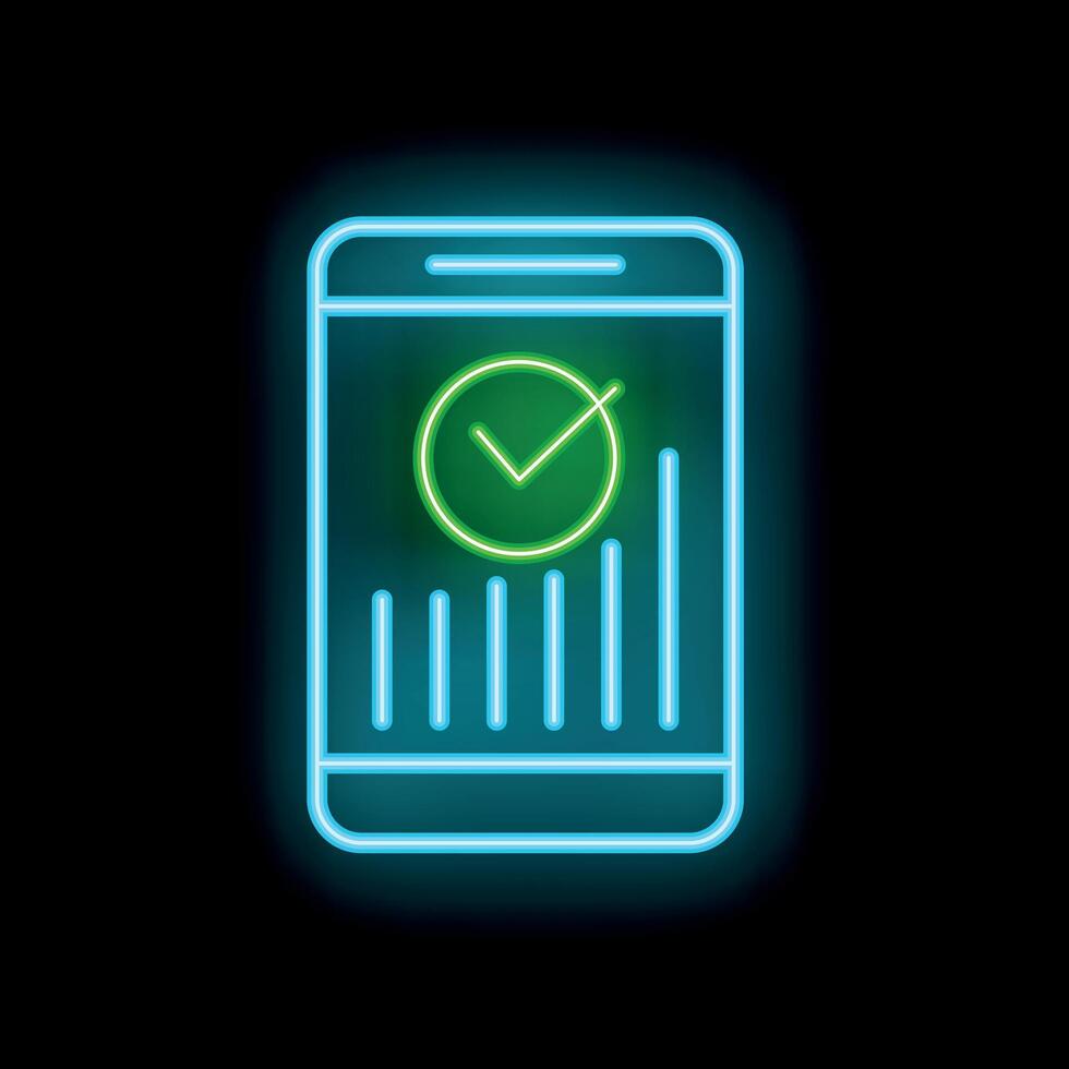 Neon smartphone showing check mark over increasing bar graph vector