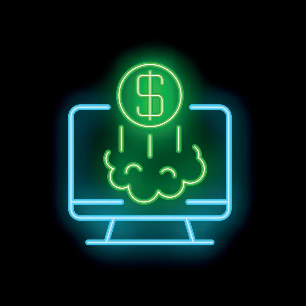 Neon sign representing online business generating revenue with dollar raining on computer screen vector