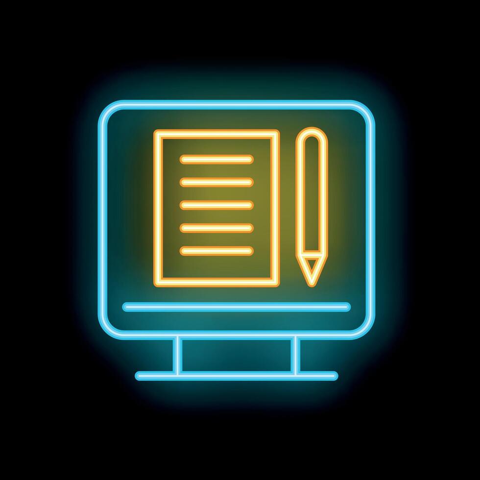 Neon icon of a document being edited on a computer screen vector