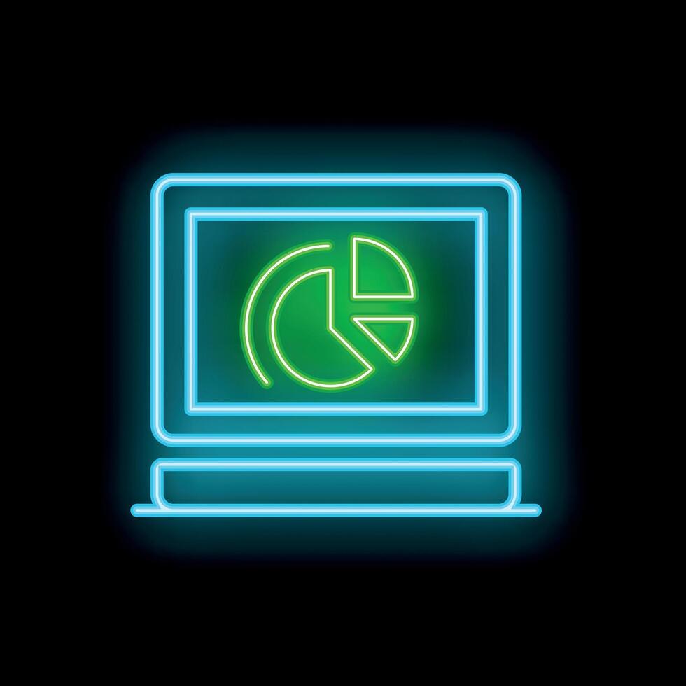 Neon computer icon showing pie chart on screen for data analysis vector