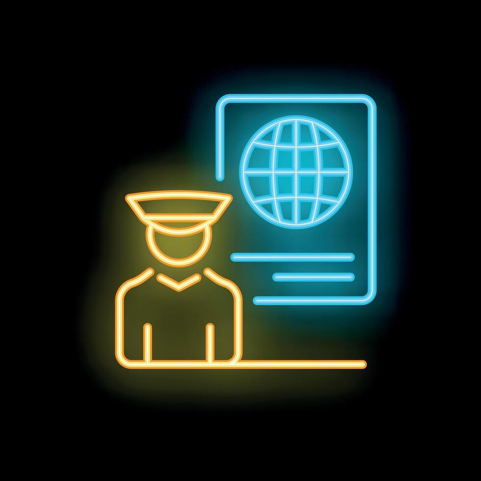 Border guard checking passport with planet earth sign neon icon vector