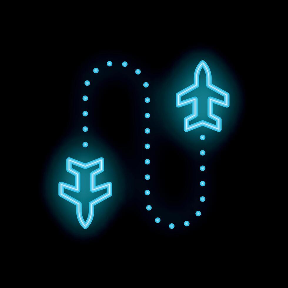 Neon blue airplane following flight path icon vector