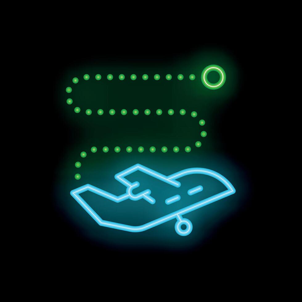 Neon airplane icon showing flight path with way points vector