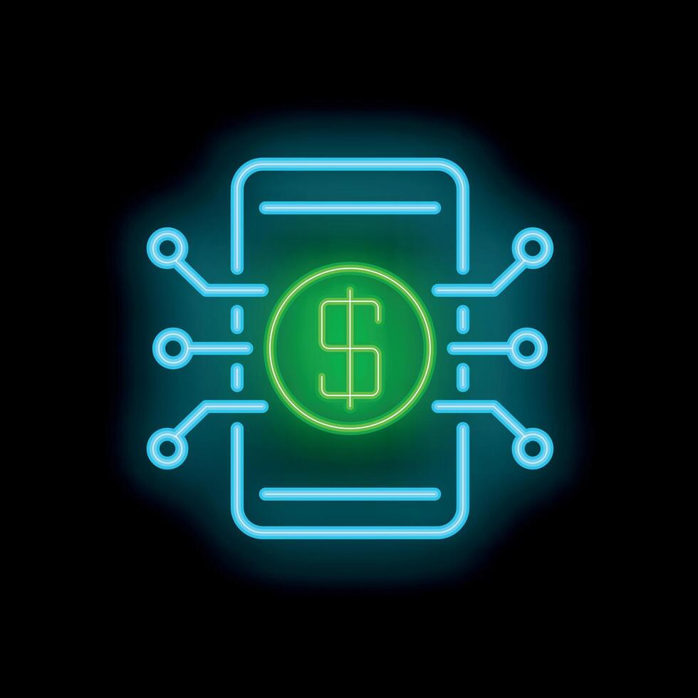 Neon sign representing mobile banking system with dollar sign inside smartphone vector