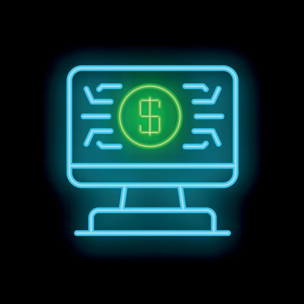Glowing neon line computer monitor showing money icon isolated on a black background illustration for design vector