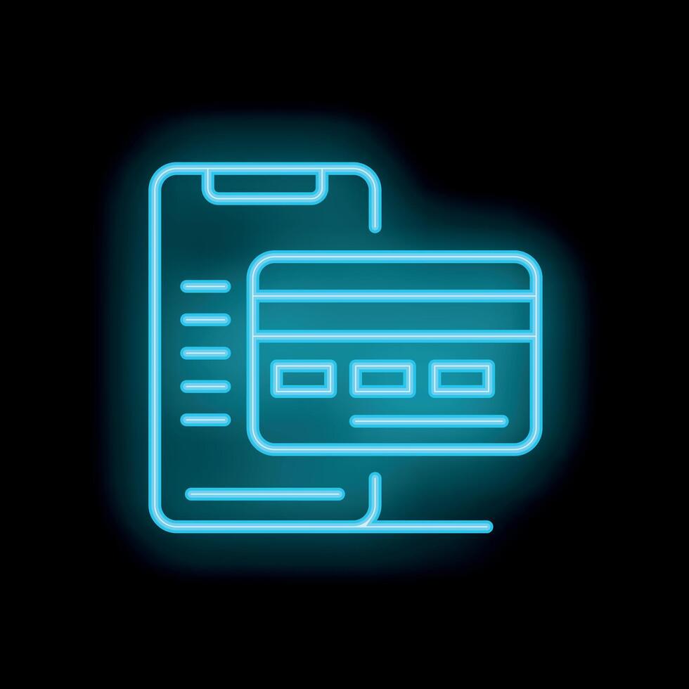 Neon blue icon of a smartphone displaying online payment with credit card vector