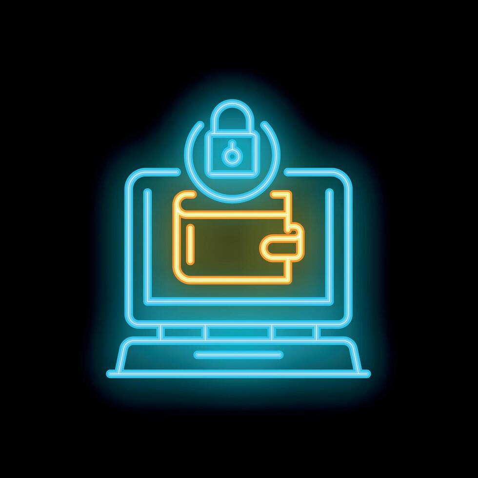 Neon sign representing online wallet with lock on laptop screen vector