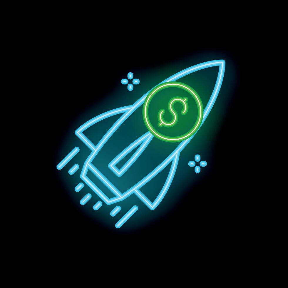 Neon rocket launching with dollar coin, business startup symbol vector