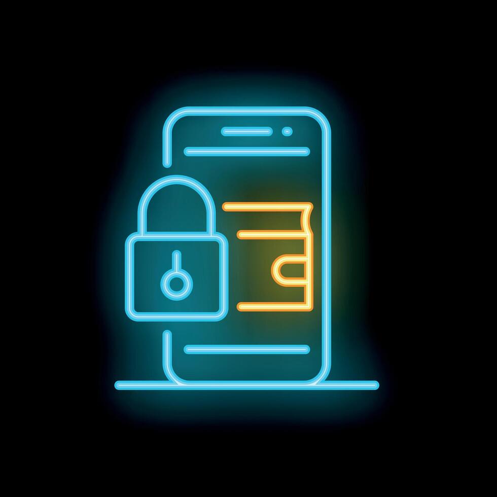 Neon icon of mobile phone showing digital wallet being secured with lock vector