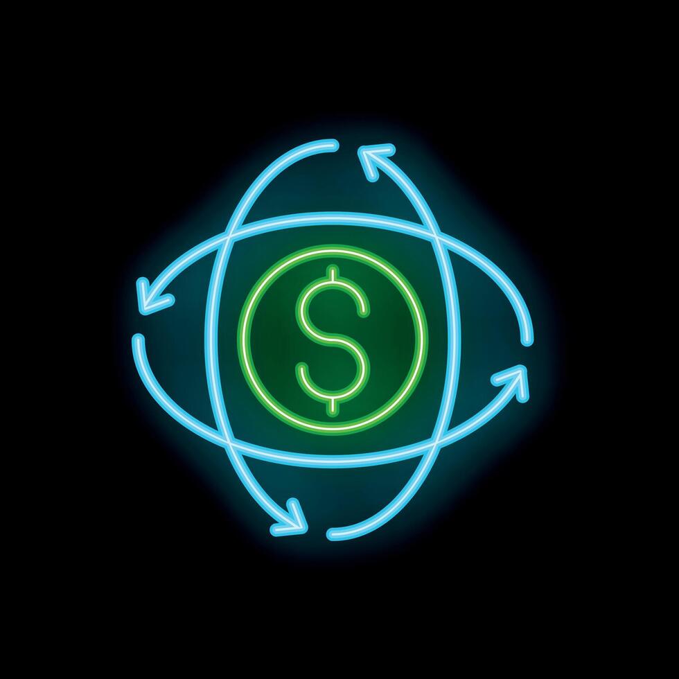 Neon sign representing money circulation with rotating arrows on black background vector