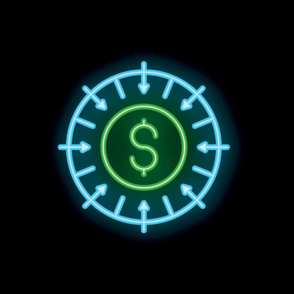 Neon sign representing crowdfunding concept with arrows pointing to a dollar coin vector