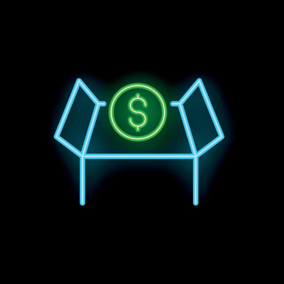 Neon green dollar sign coin floating over open box on black background vector
