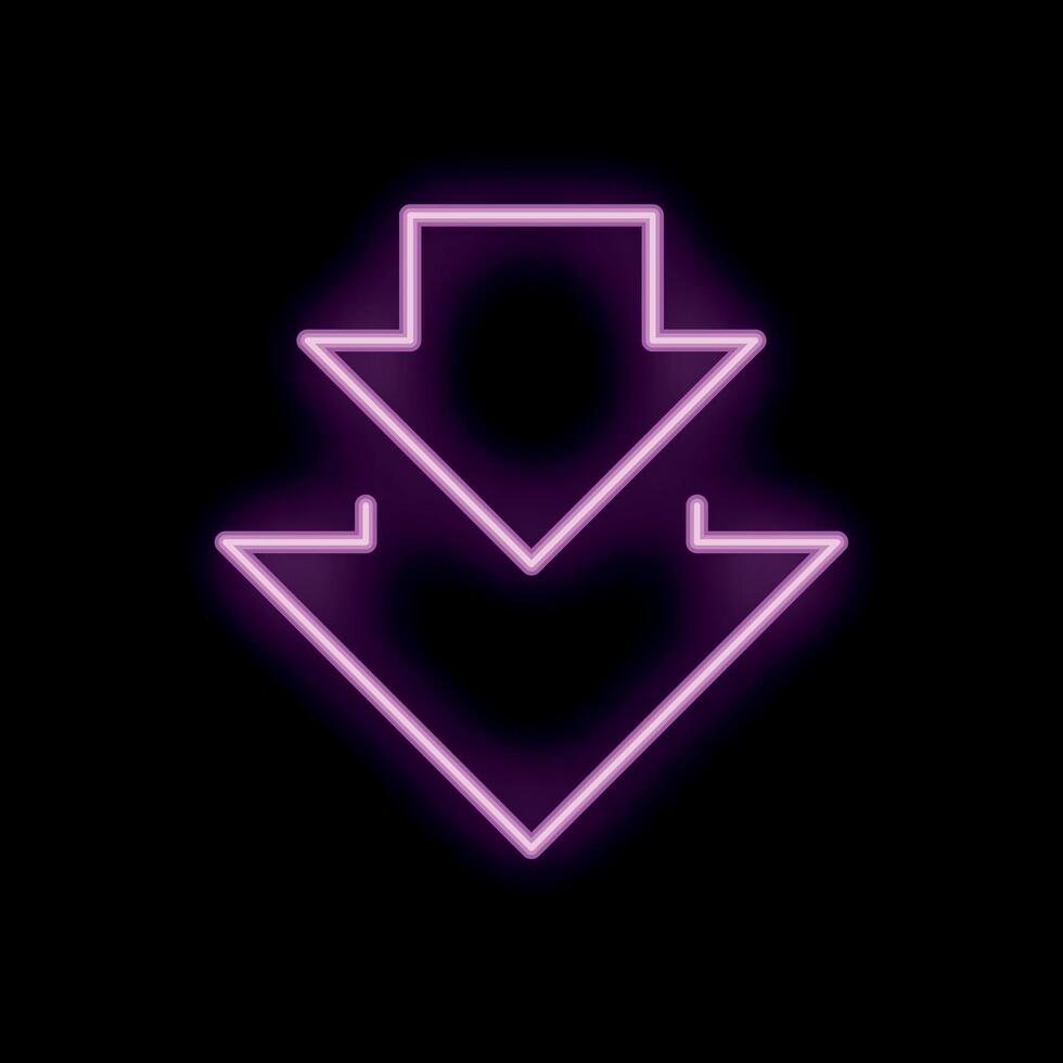 Neon sign with three arrows pointing down on black background vector