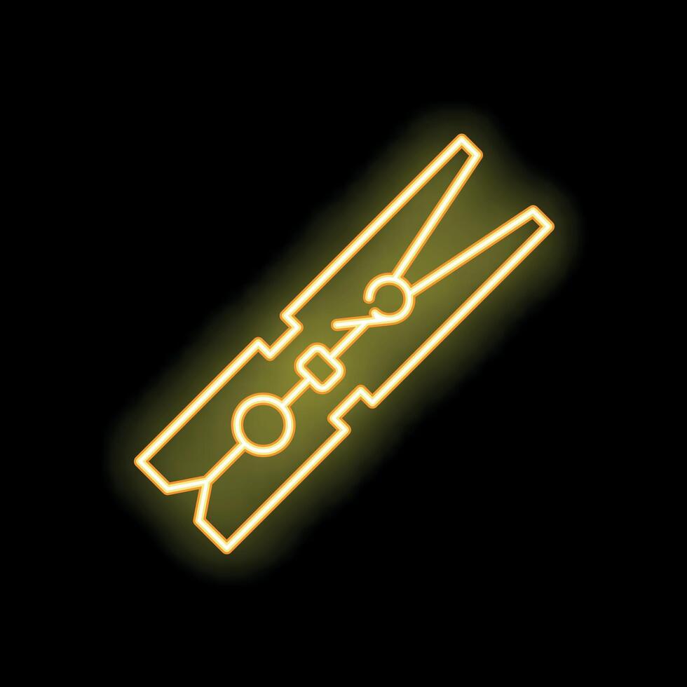 Yellow neon sign showing clothes peg on black background vector