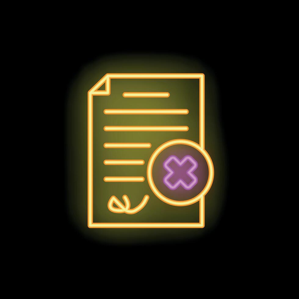 Neon icon of document with cross mark showing disapproval vector