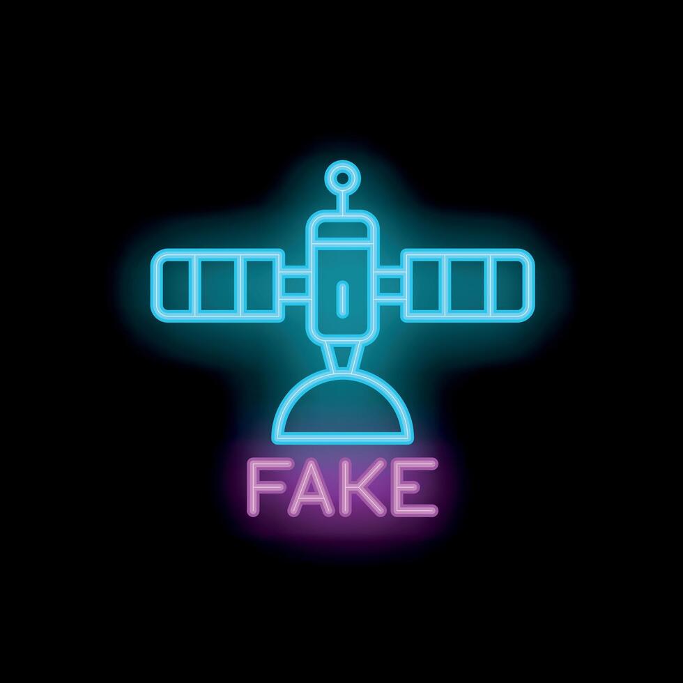 Neon sign depicting satellite orbiting earth with fake text below vector