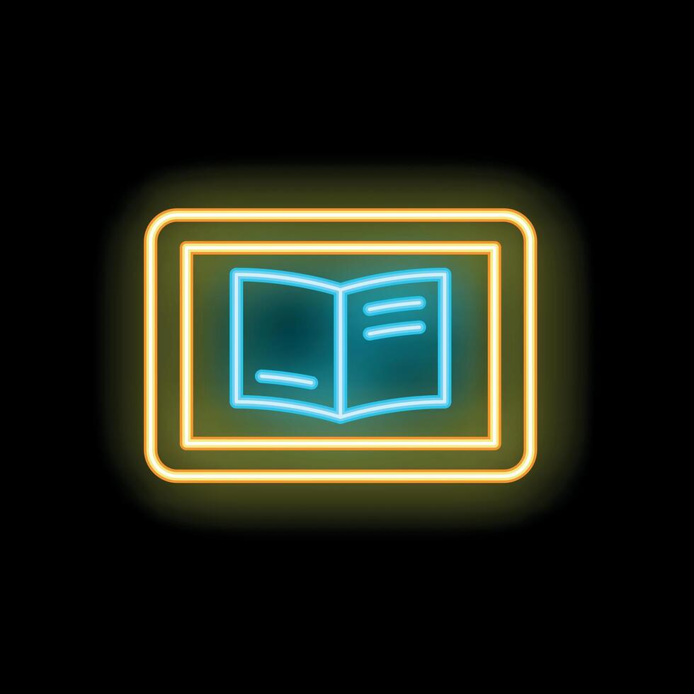 Neon icon of open book displaying on tablet computer vector