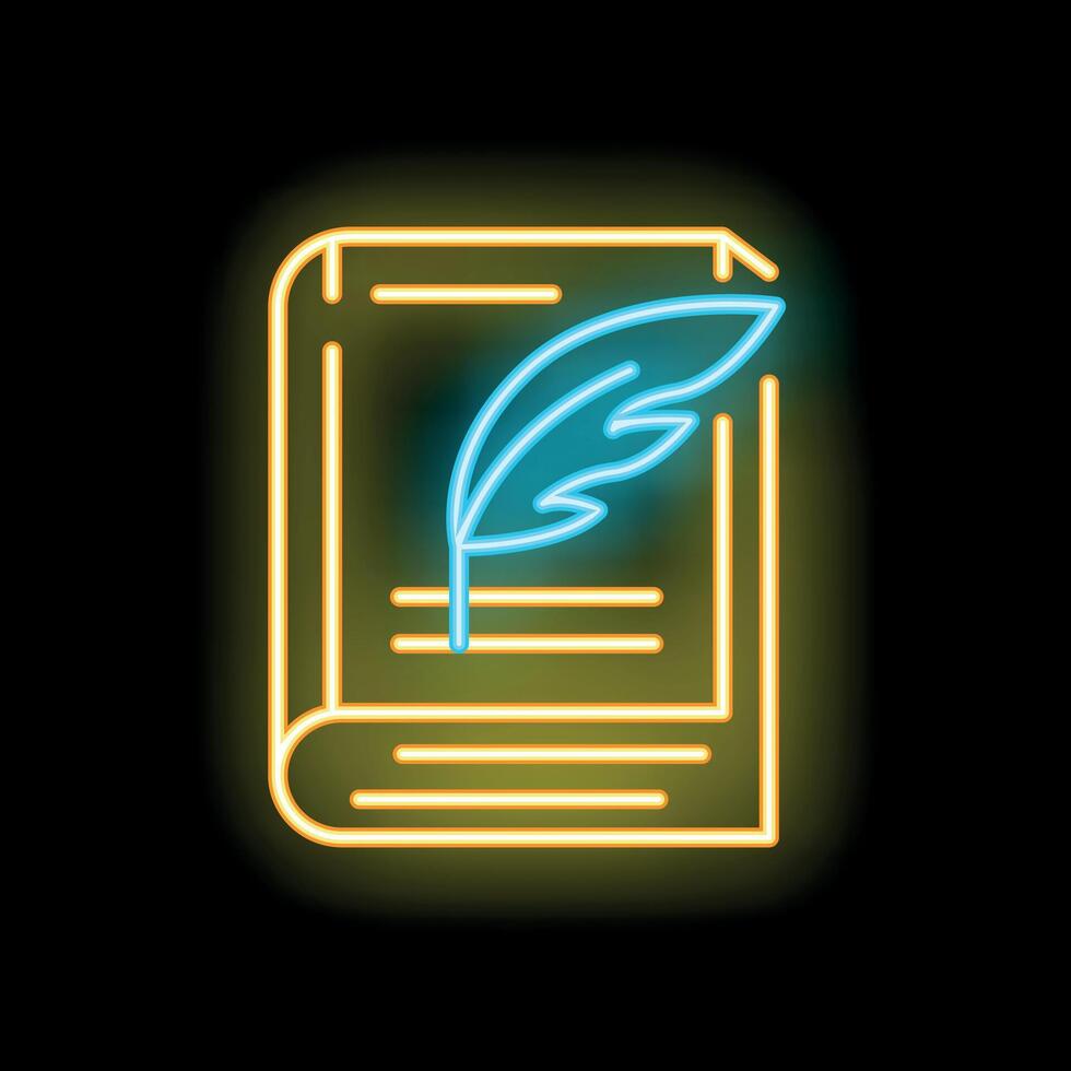 Neon sign of book with feather pen for copywriting concept vector