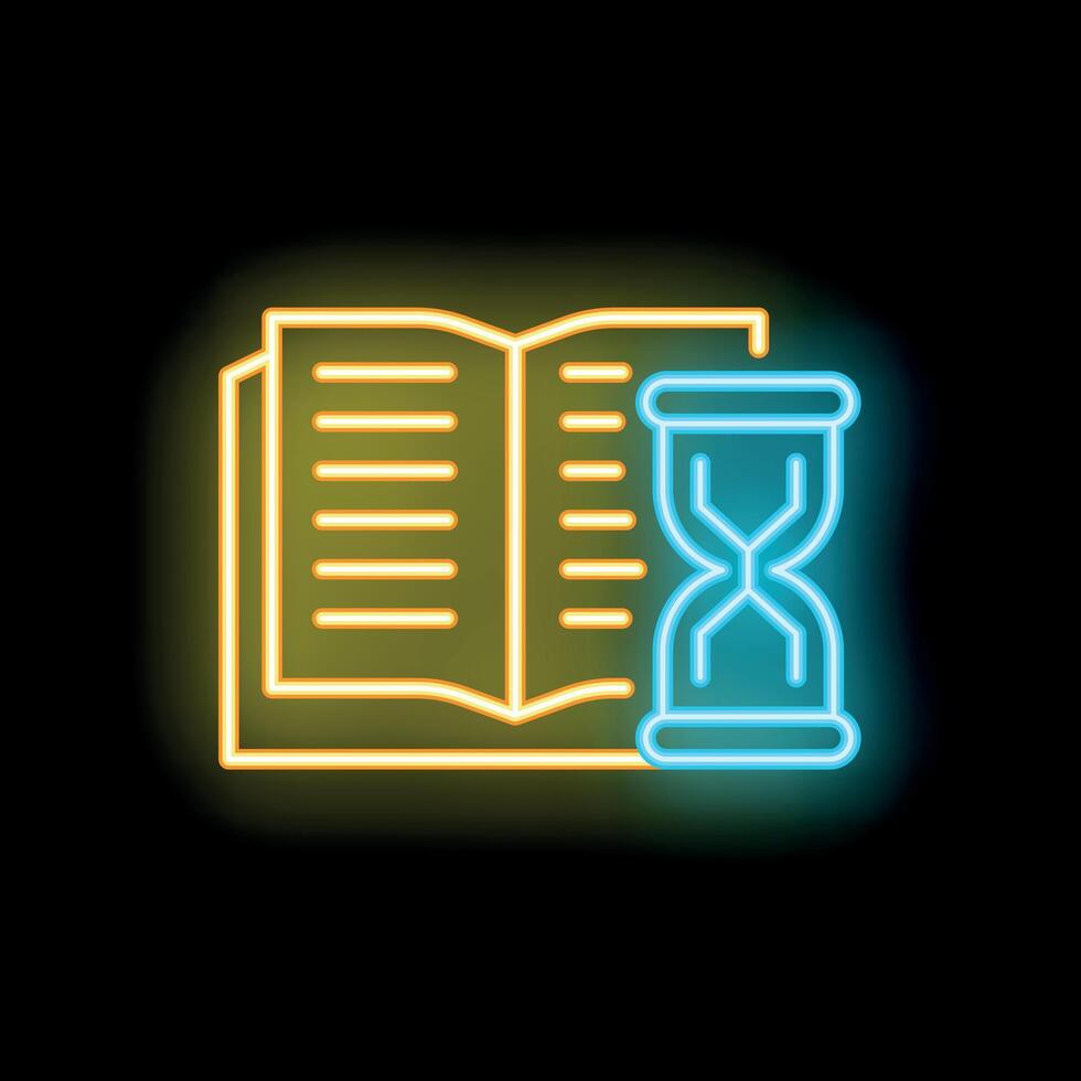 Neon icon of book and hourglass representing deadline concept vector