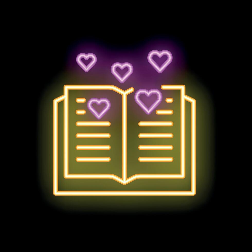 Neon open book with hearts floating above spreading love for reading vector