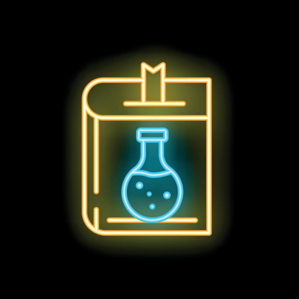 Neon sign of book with bookmark and chemical flask inside for science education vector