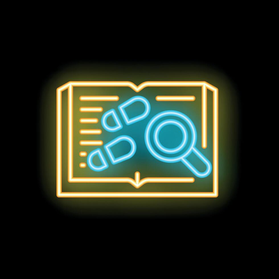 Neon icon of detective book with magnifying glass investigating footprints vector