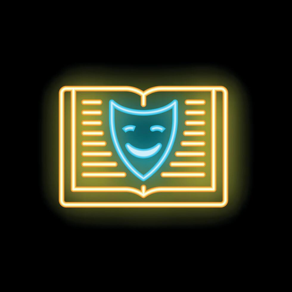 Neon icon of comedy theatrical mask over open book for literature studies vector