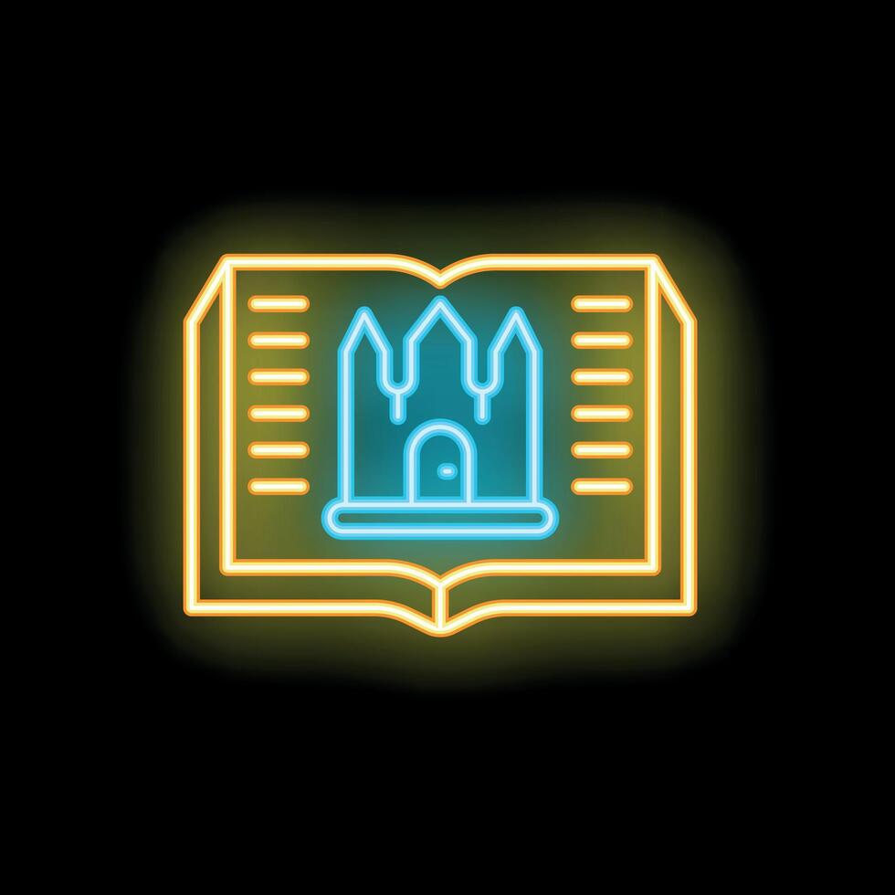 Open book with neon fairytale castle symbol glowing in the dark vector