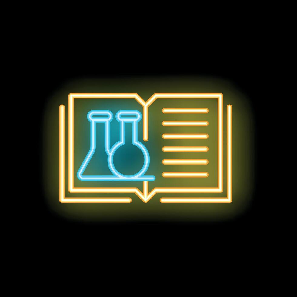 Neon icon of open book with beakers displaying chemistry knowledge vector
