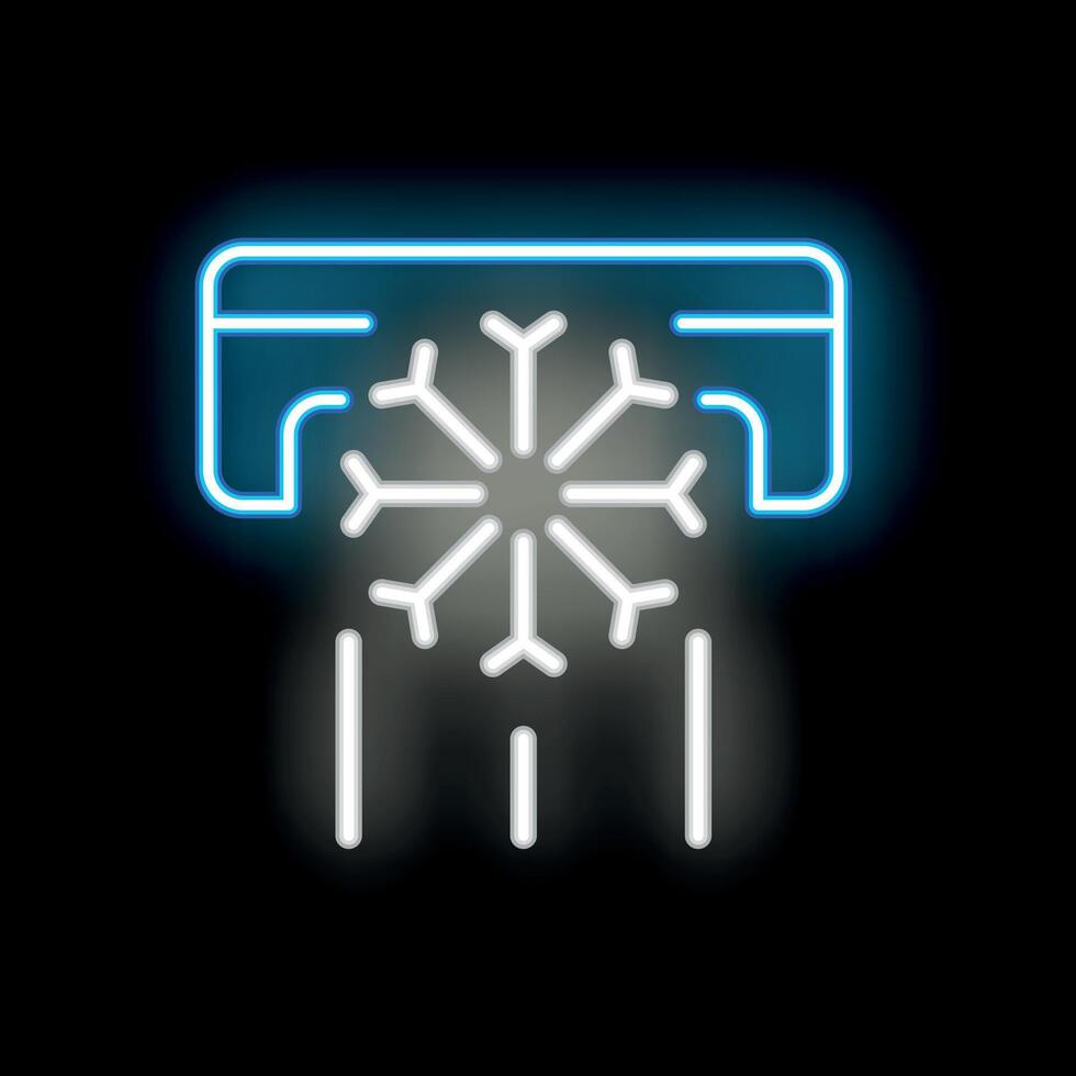 Neon conditioner blowing cool air with snowflake symbol on black background vector